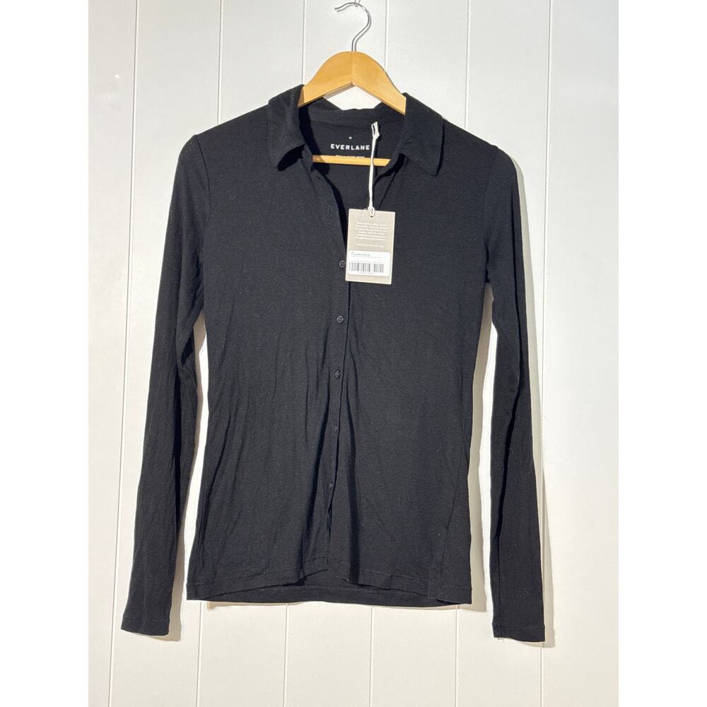 Everlane · XS · New · Long Sleeve Button-Down Polo · Tencel/Wool · Black